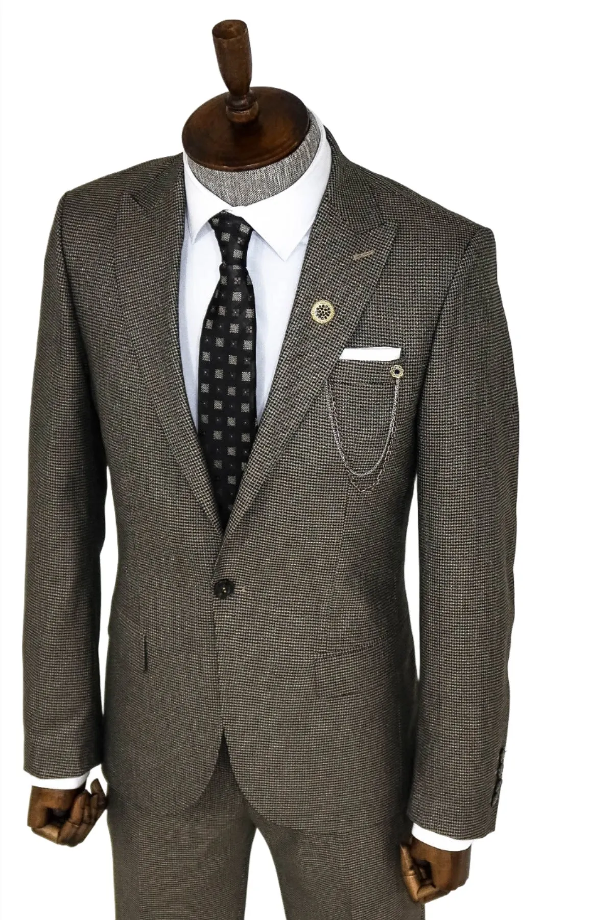 Slim Fit Houndstooth Patterned 2 Piece Brown Men Suit - Wessi sold by Wessi product image thumbnail 5
