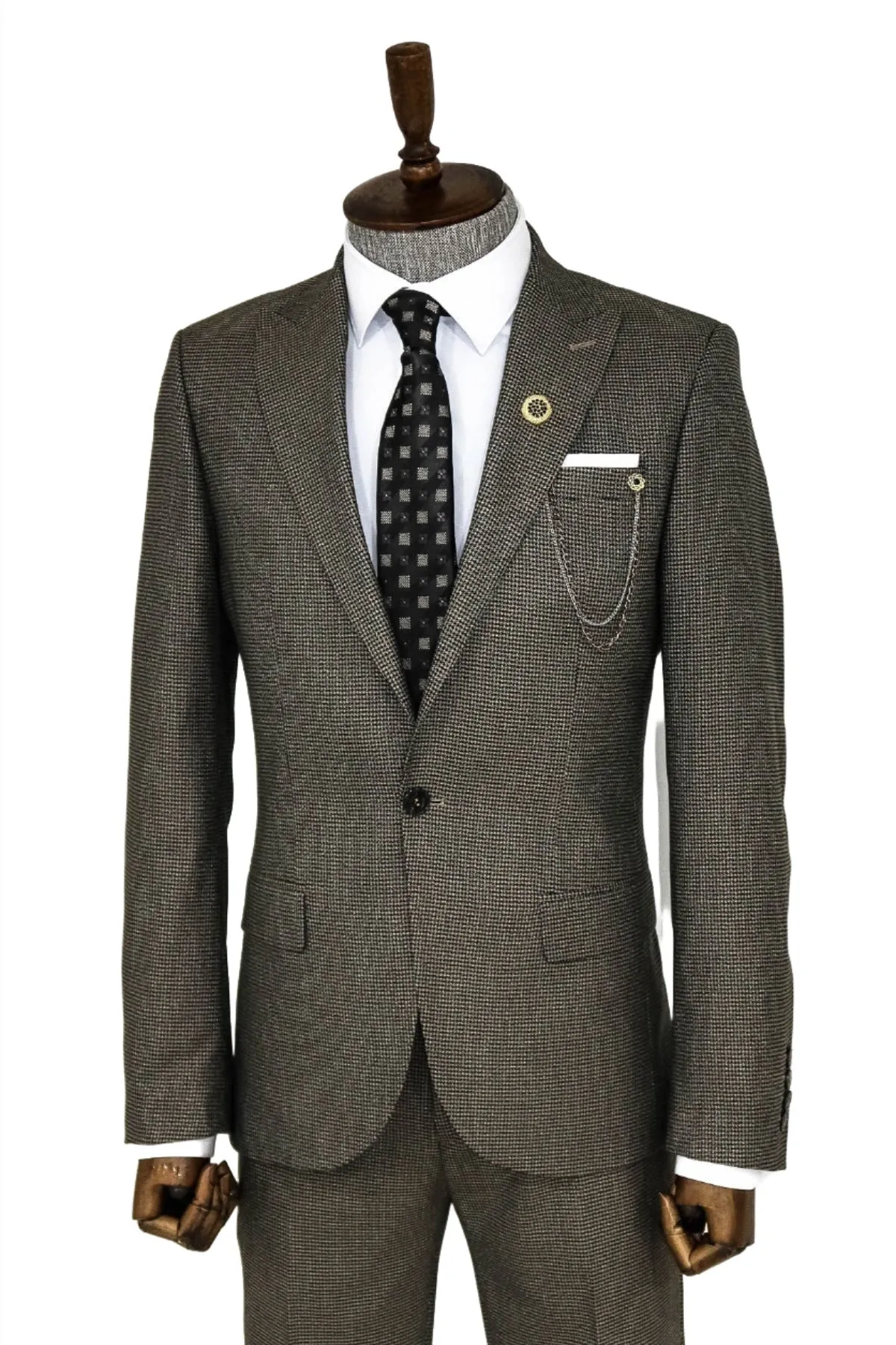 Slim Fit Houndstooth Patterned 2 Piece Brown Men Suit - Wessi sold by Wessi product image thumbnail 4