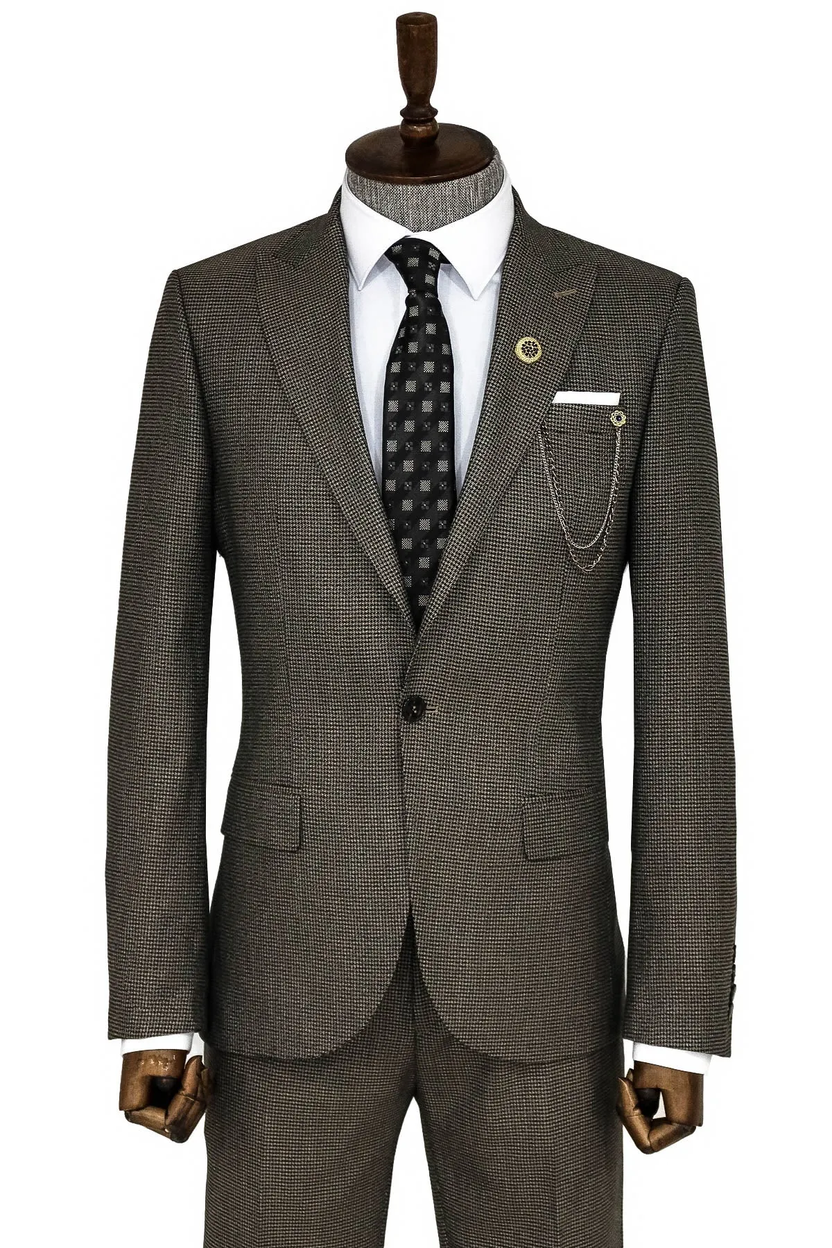 Slim Fit Houndstooth Patterned 2 Piece Brown Men Suit - Wessi sold by Wessi