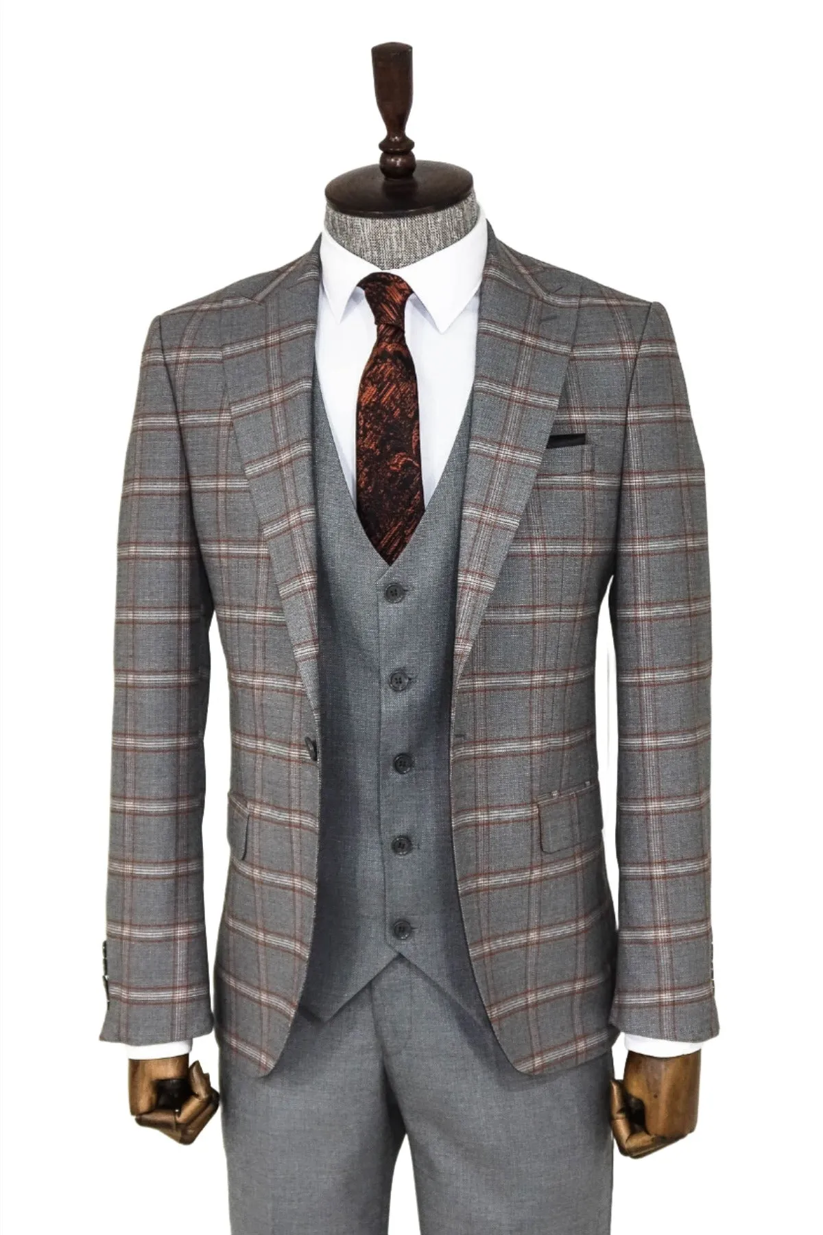 Checked Patterned Grey Slim Fit Suit - Wessi sold by Wessi product image thumbnail 5