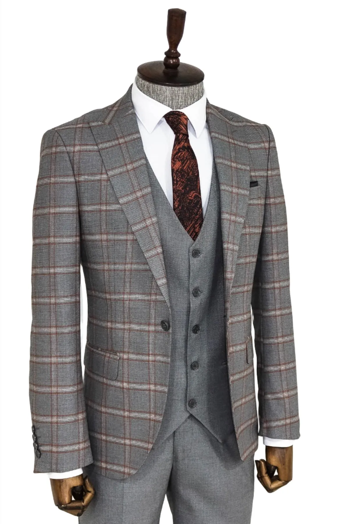 Checked Patterned Grey Slim Fit Suit - Wessi sold by Wessi product image thumbnail 4