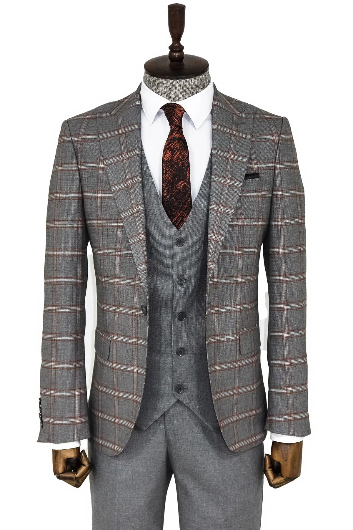 Checked Patterned Grey Slim Fit Suit - Wessi sold by Wessi