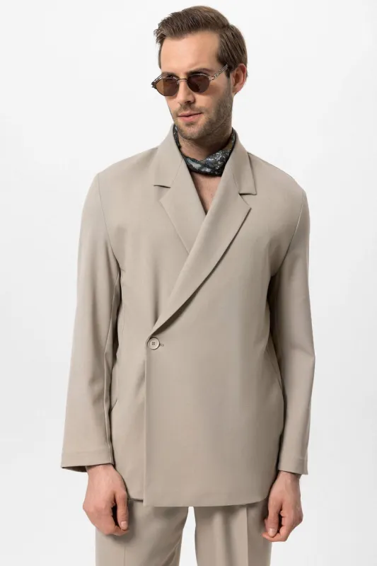 Men's Beige Double-Breasted Hidden Pocket  Blazer - Wessi sold by Wessi