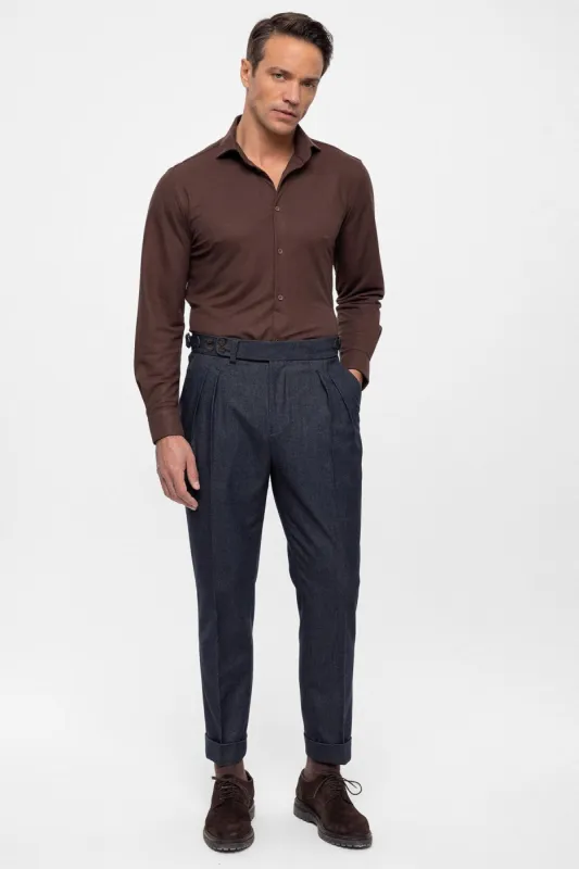 Men's Indigo Wool Look High Waist Pleated Trousers - Wessi sold by Wessi