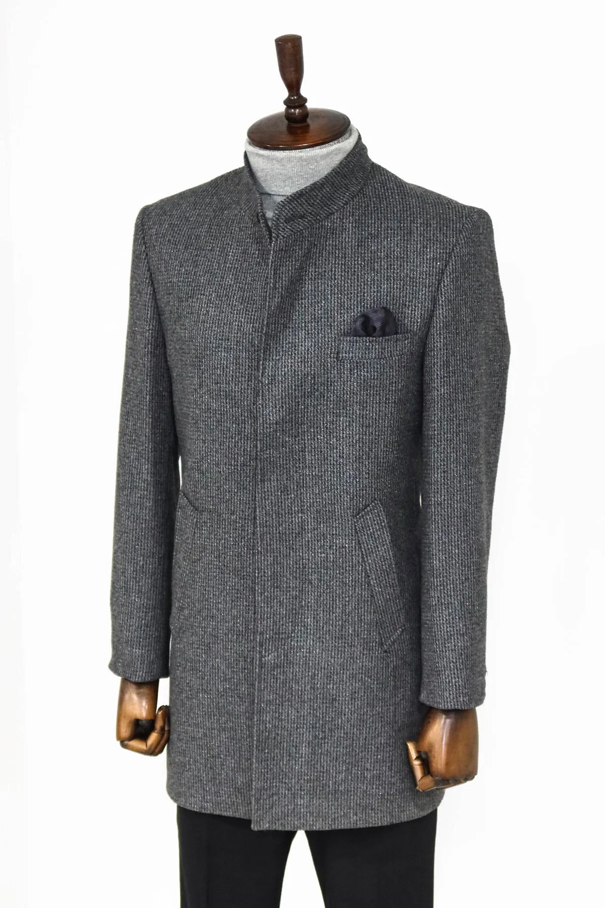 Standing Collar Patterned Grey Men Coat - Wessi sold by Wessi product image thumbnail 4