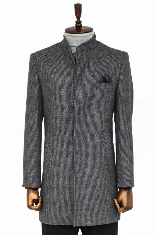 Standing Collar Patterned Grey Men Coat - Wessi sold by Wessi
