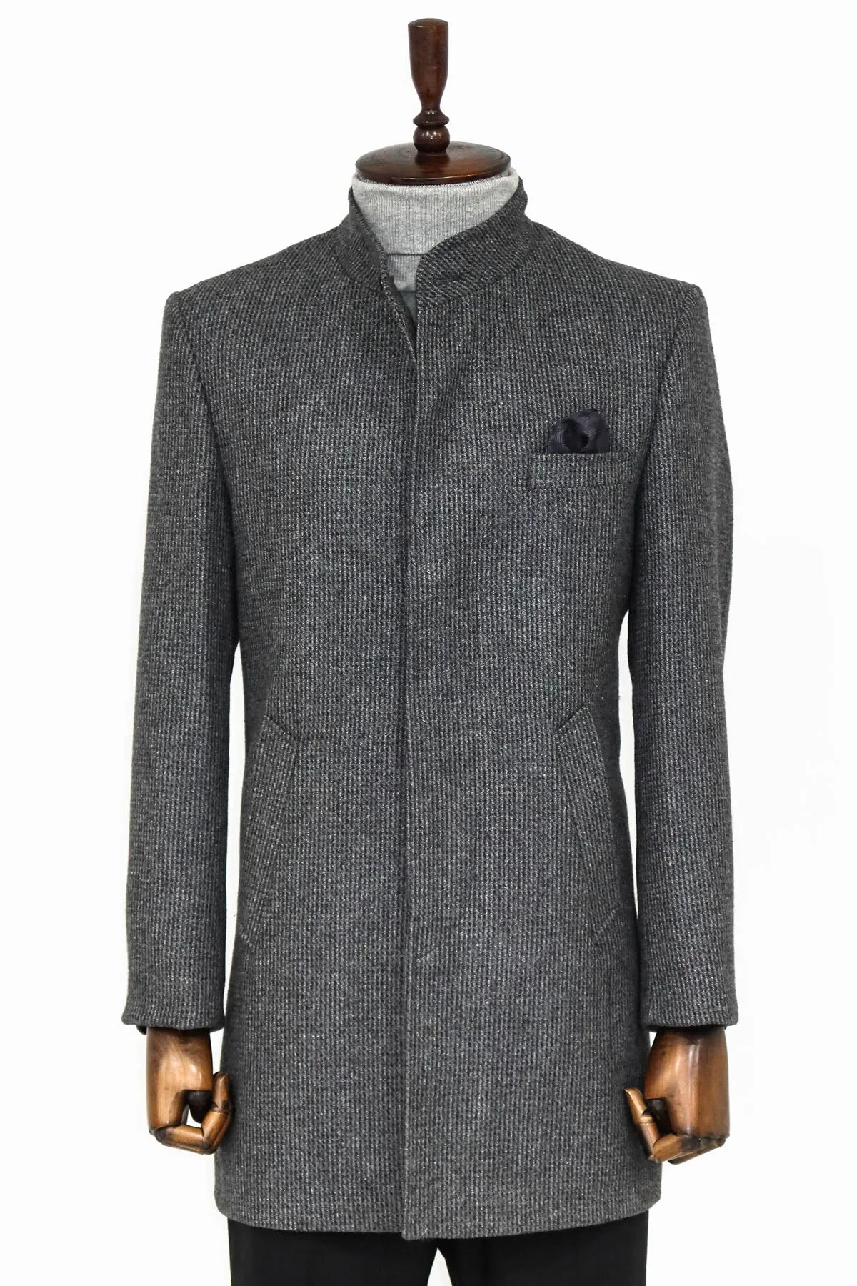Standing Collar Patterned Grey Men Coat - Wessi sold by Wessi