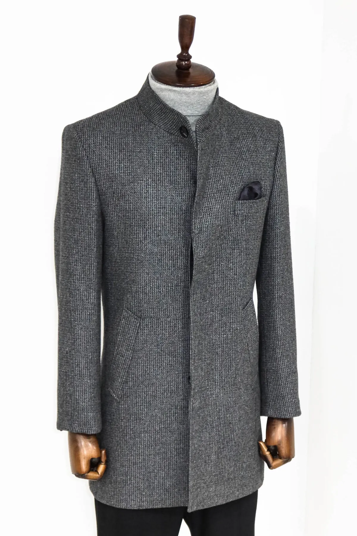 Standing Collar Patterned Grey Men Coat - Wessi sold by Wessi product image thumbnail 5