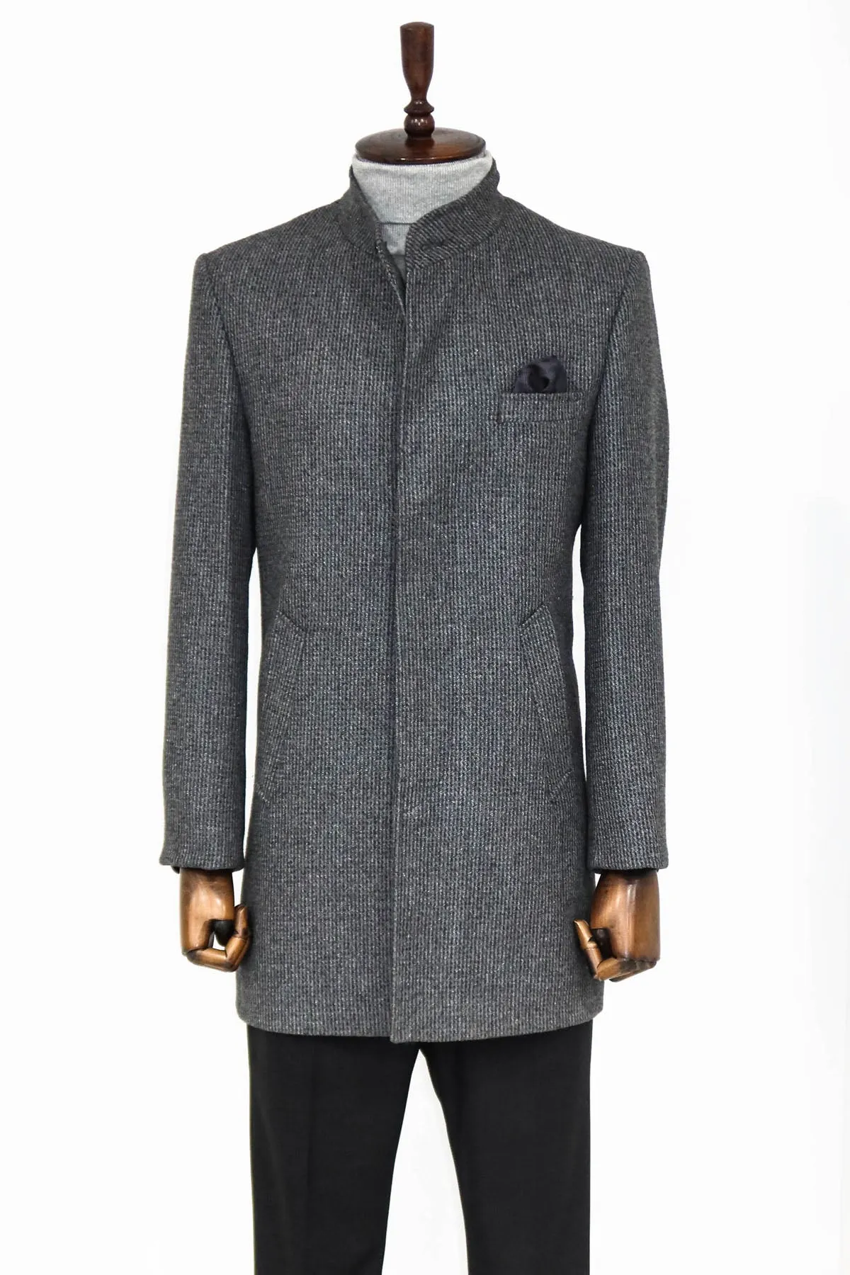 Standing Collar Patterned Grey Men Coat - Wessi sold by Wessi product image thumbnail 3