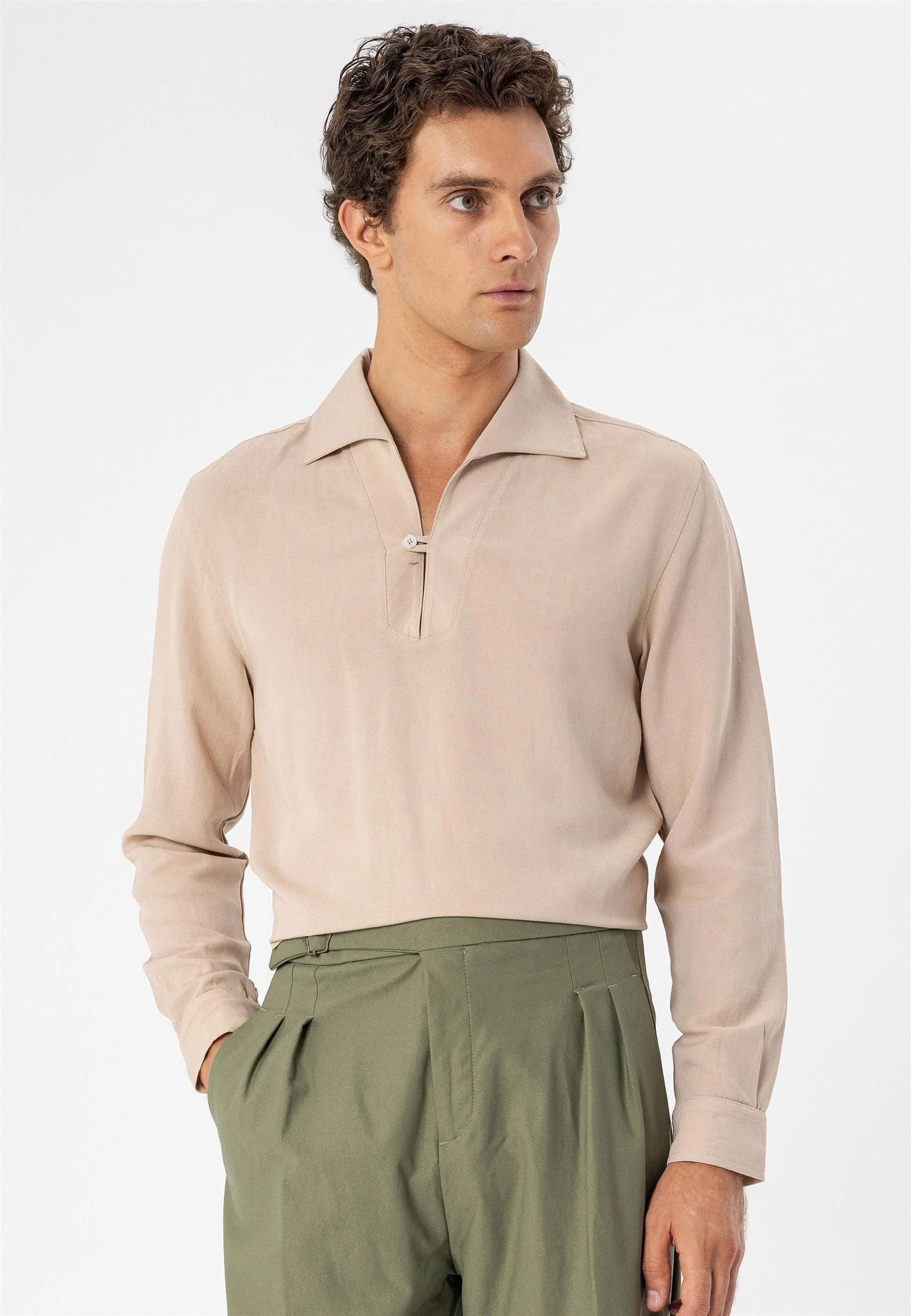 Beige Button Detailed Men's Shirt - Wessi sold by Wessi product image thumbnail 2