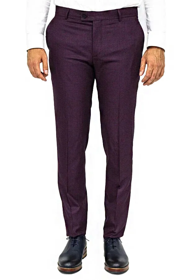 Houndstooth Patterned Burgundy Men Pants - Wessi sold by Wessi
