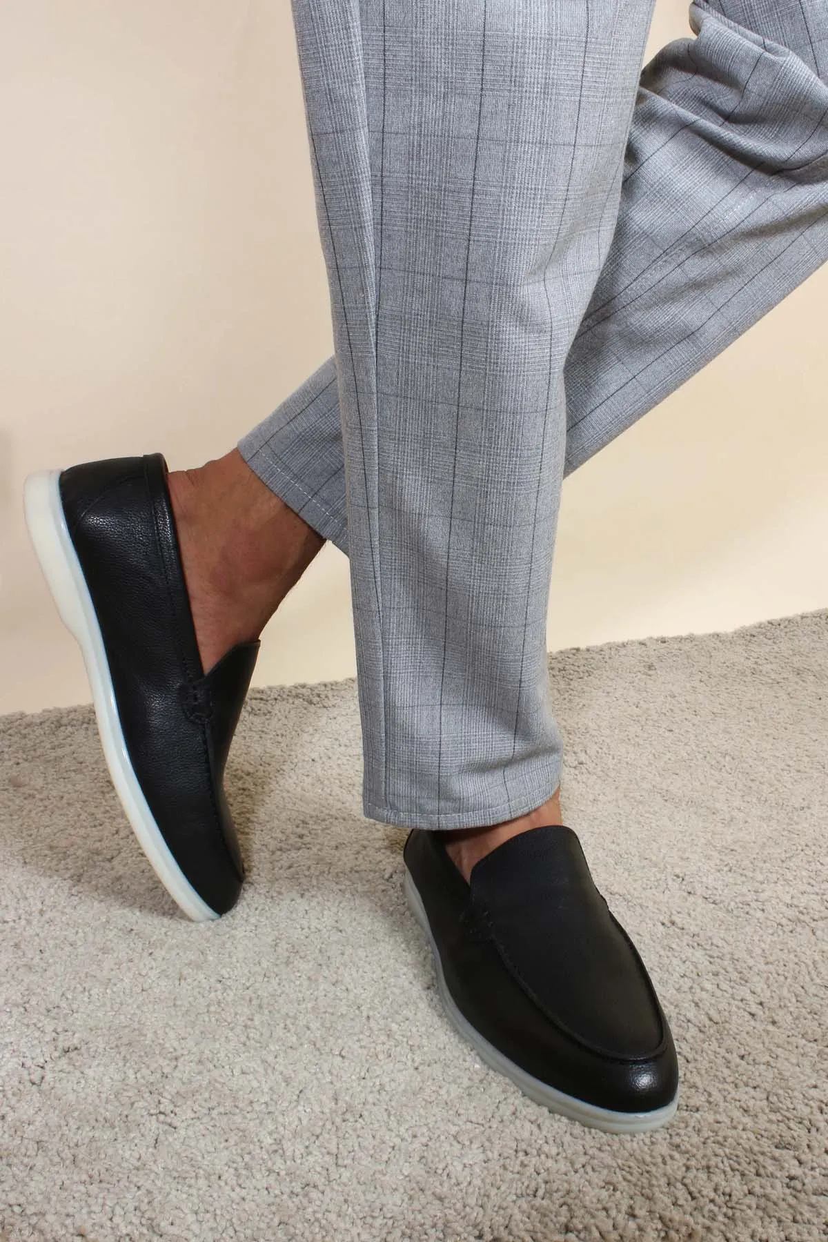 Men's Black Leather Slip-On Loafers with White Sole - Wessi sold by Wessi