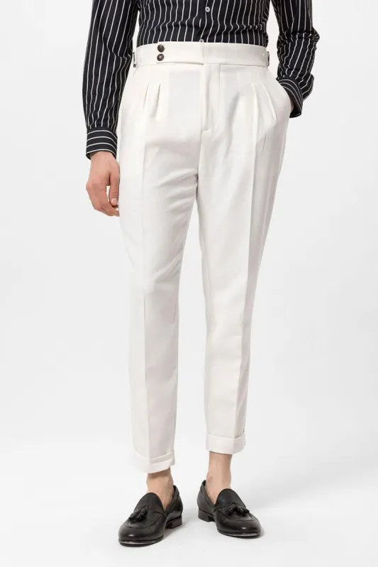 Men's Ecru High Waist Side Buckled Pleated Fabric Trousers - Wessi sold by Wessi