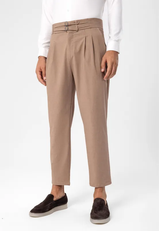 Men's Light Brown High Waist Buckle Belt Pleated Fabric Trousers - Wessi sold by Wessi