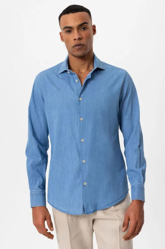 Men's Light Blue Long-Sleeve Denim Shirt - Wessi sold by Wessi