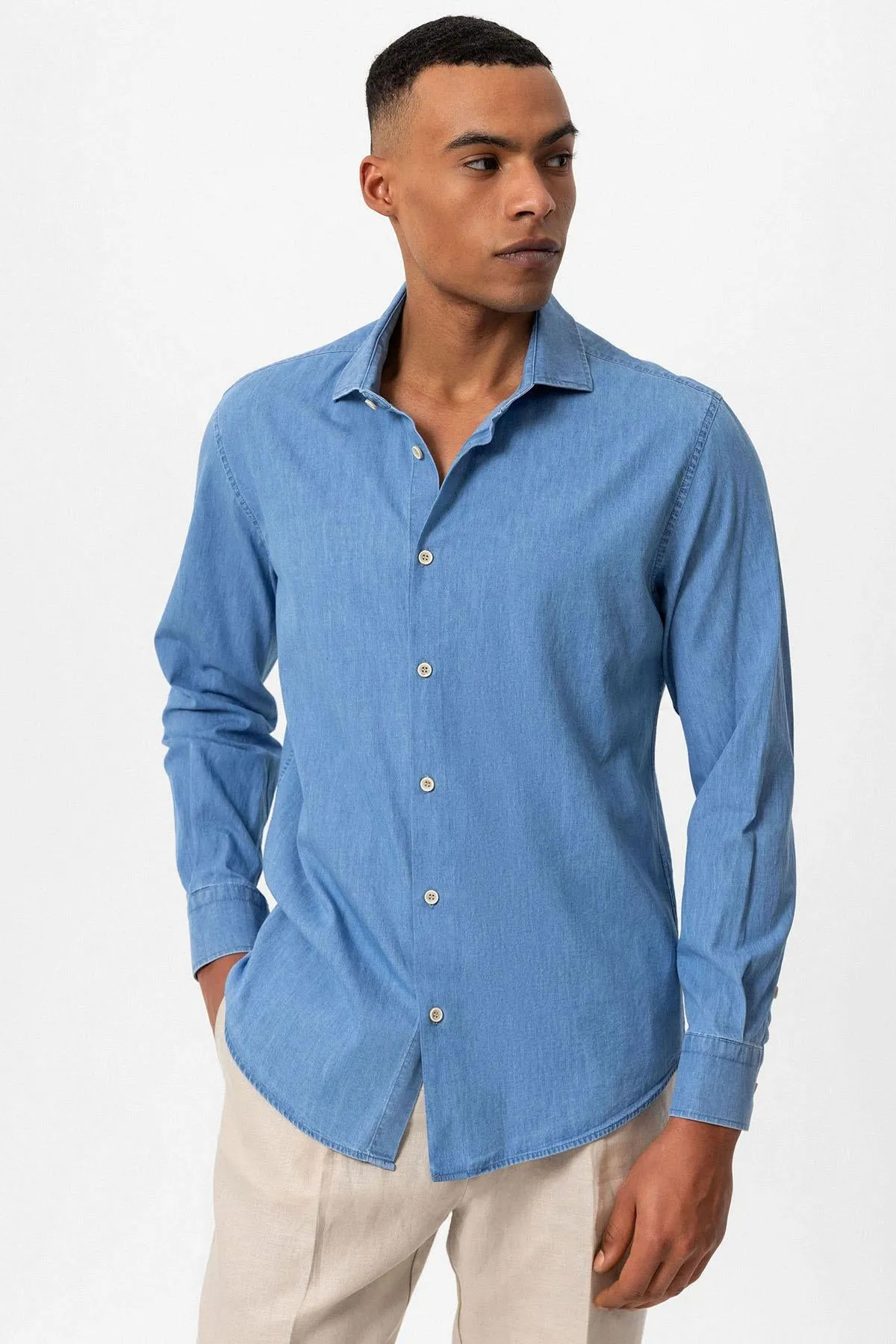 Men's Light Blue Long-Sleeve Denim Shirt - Wessi sold by Wessi product image thumbnail 3