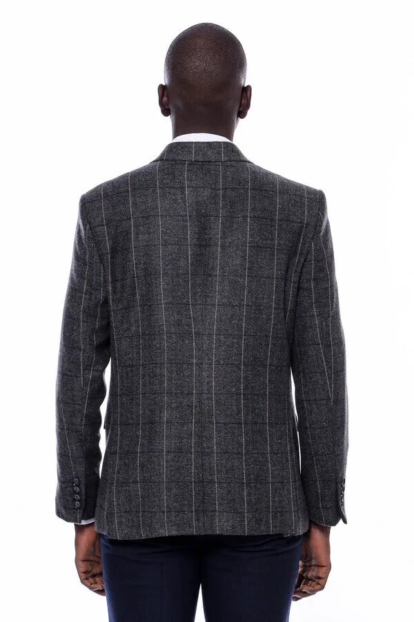 Checked Peak Lapel Slim-Fit Dark Grey Men Blazer - Wessi sold by Wessi product image thumbnail 3