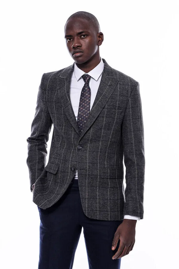Checked Peak Lapel Slim-Fit Dark Grey Men Blazer - Wessi sold by Wessi