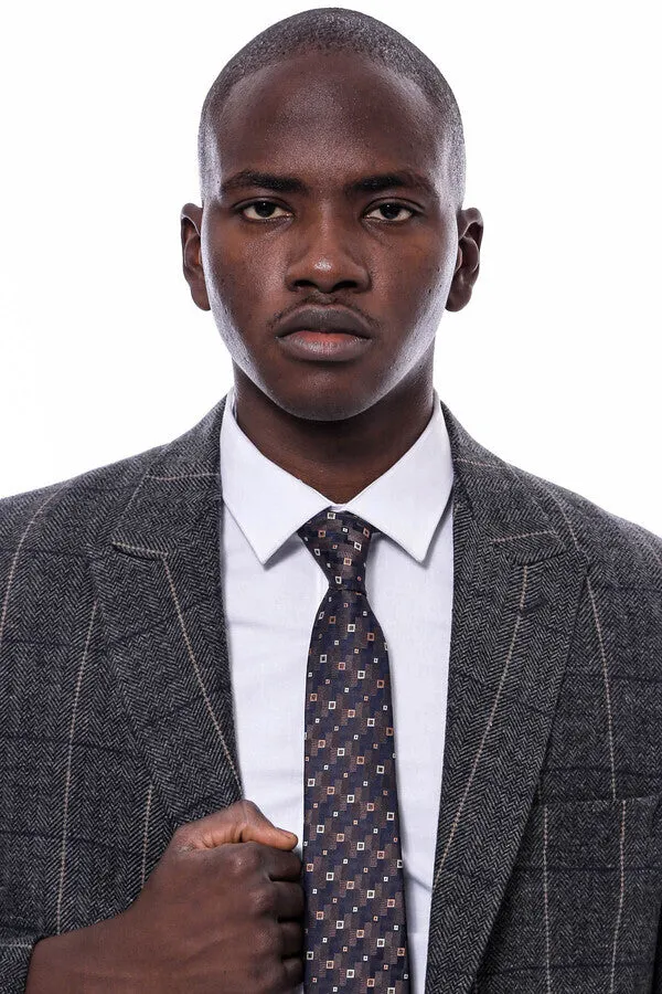 Checked Peak Lapel Slim-Fit Dark Grey Men Blazer - Wessi sold by Wessi product image thumbnail 2