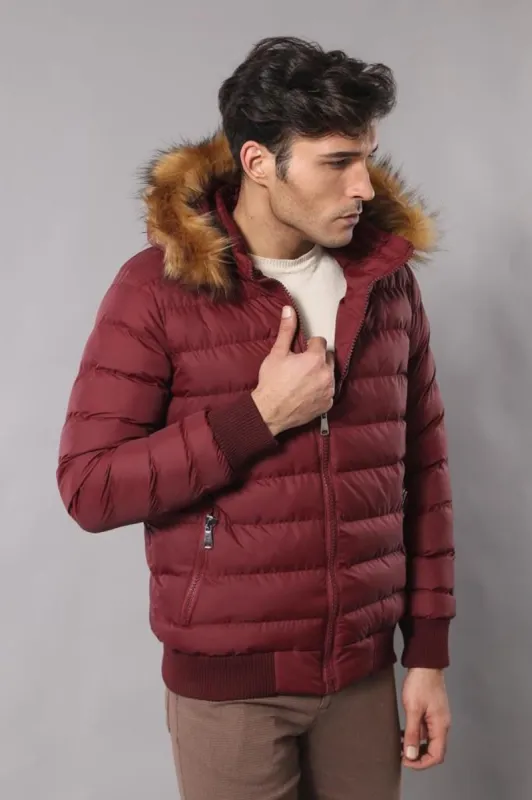 Fur Hooded Burgundy Men Down Coat - Wessi sold by Wessi