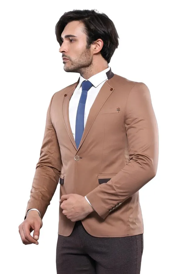 Single Button Standing Collar Beige Men Blazer - Wessi sold by Wessi product image thumbnail 3