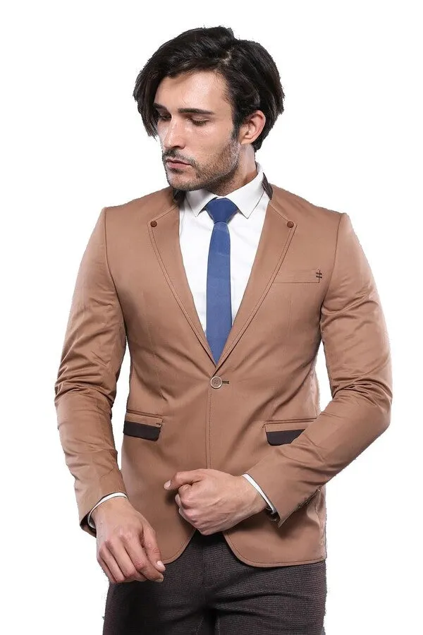 Single Button Standing Collar Beige Men Blazer - Wessi sold by Wessi