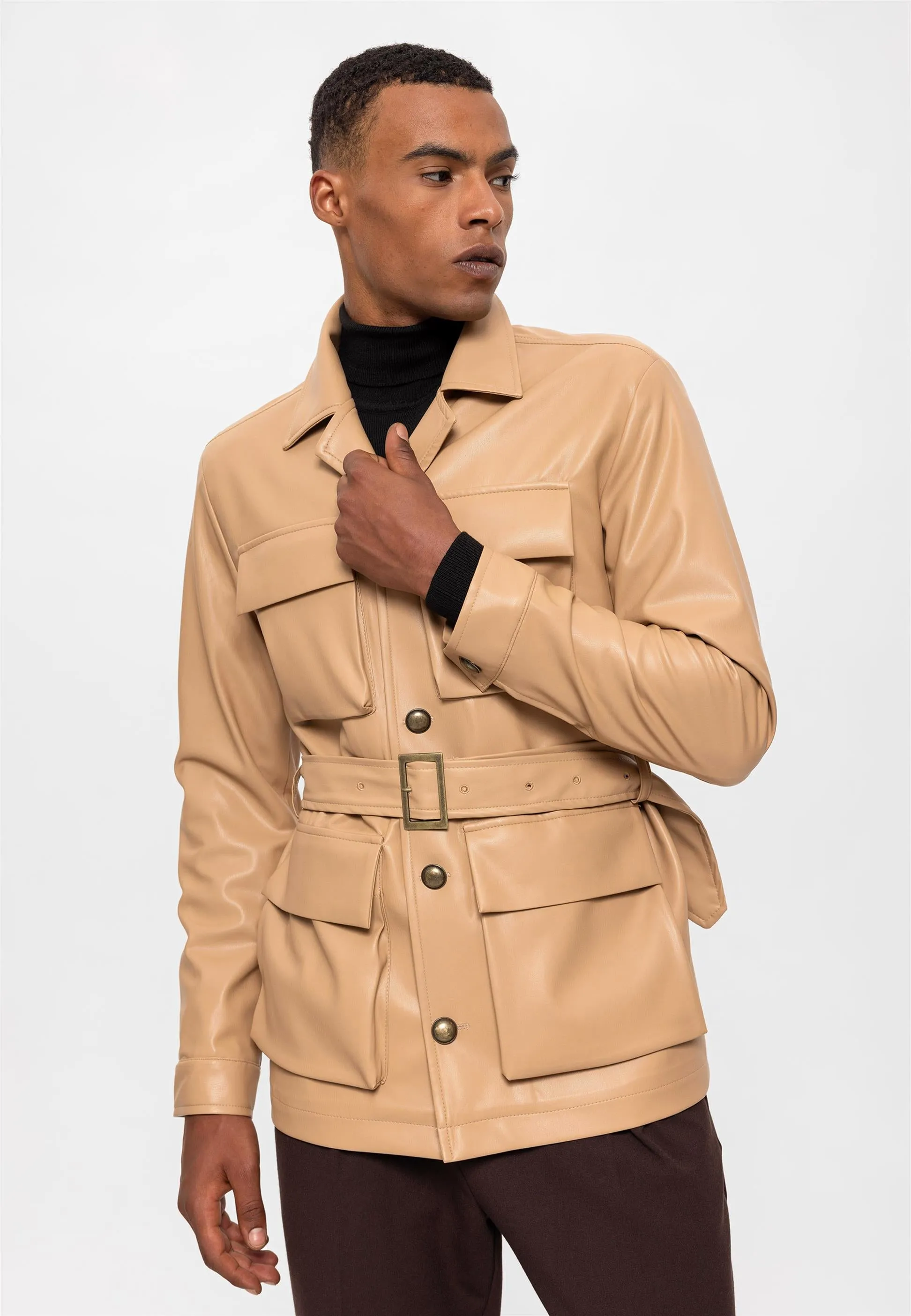 Men's Beige Slim Fit Belted Faux Leather Coat - Wessi sold by Wessi product image thumbnail 3