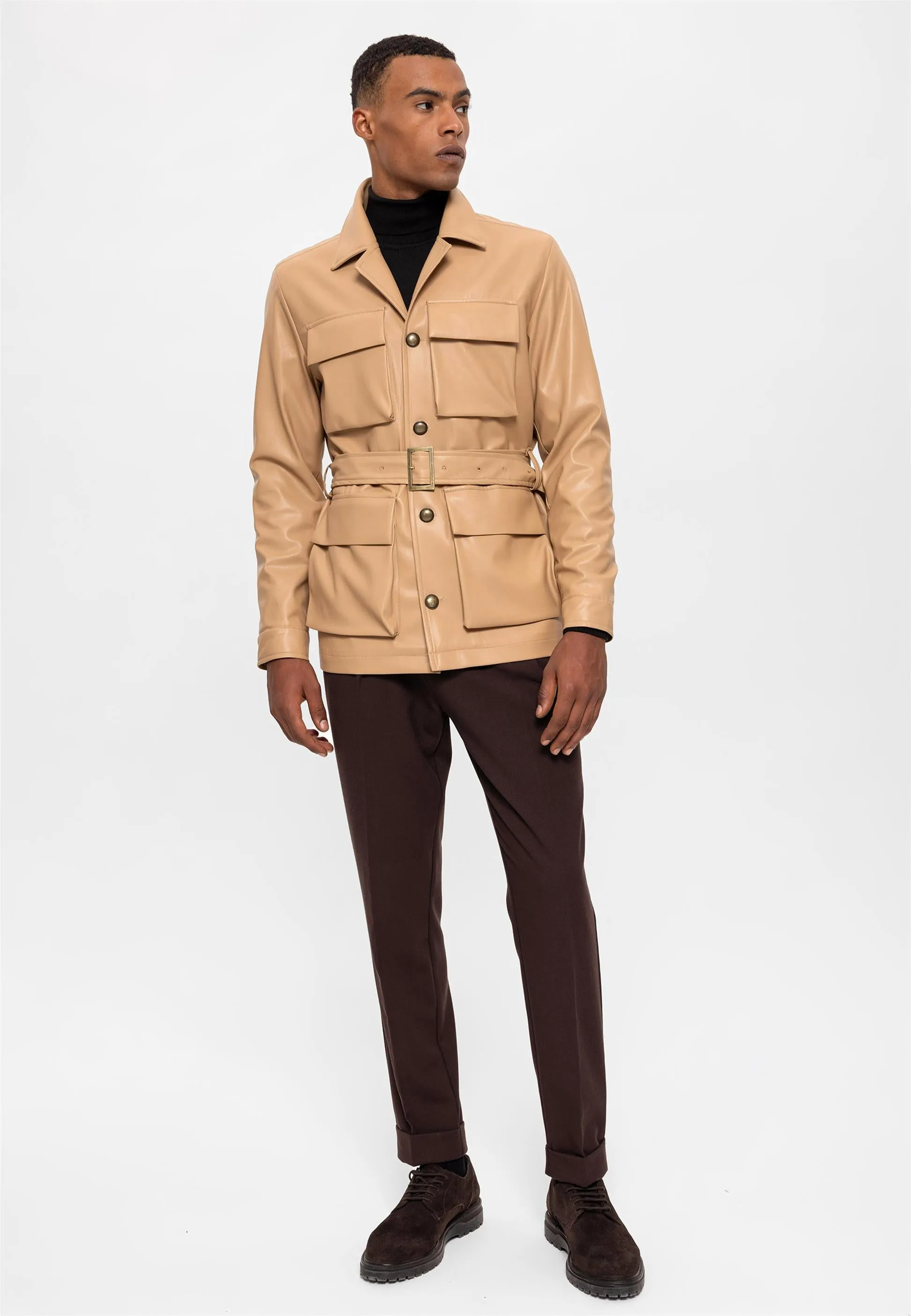 Men's Beige Slim Fit Belted Faux Leather Coat - Wessi sold by Wessi product image thumbnail 4
