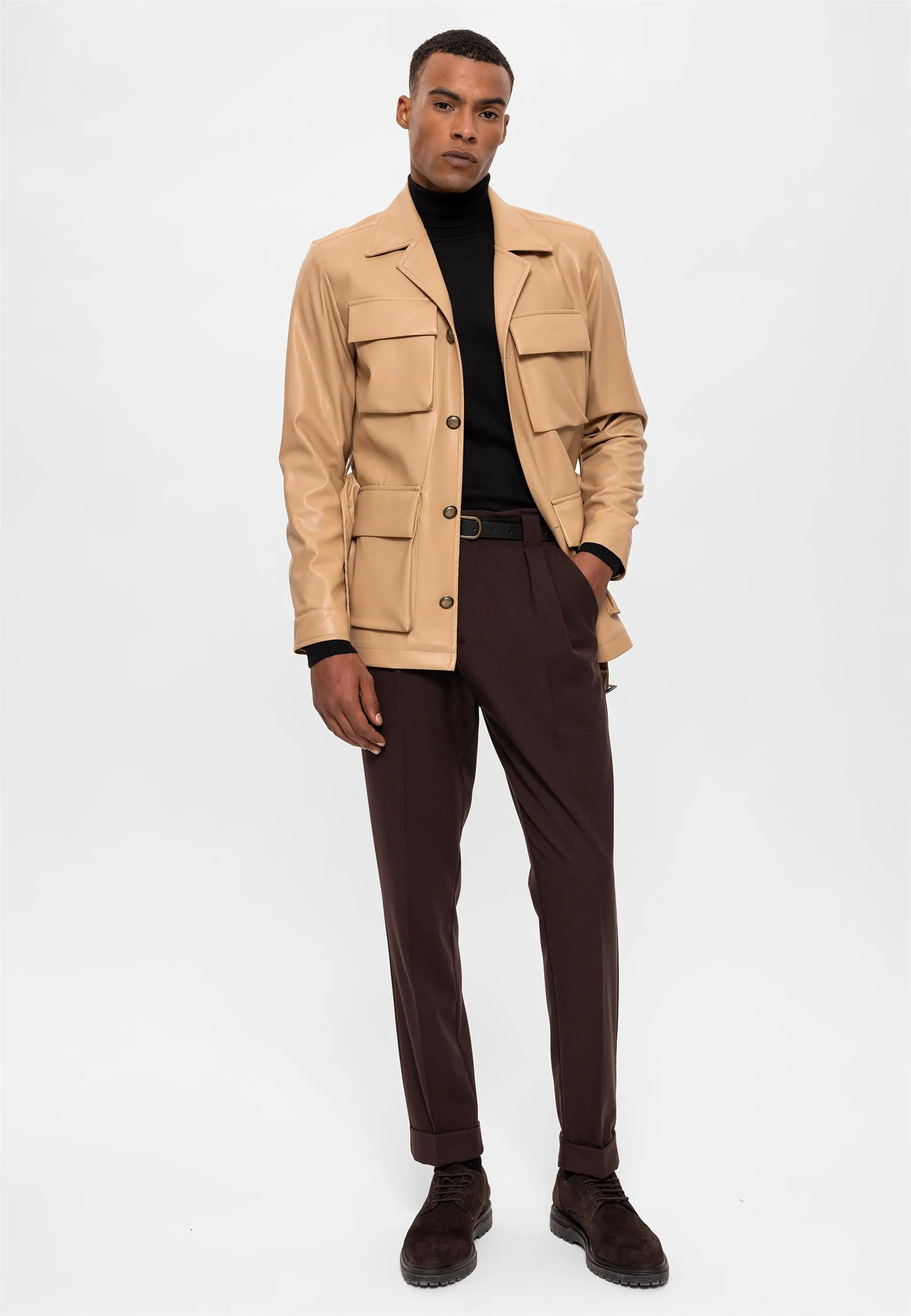Men's Beige Slim Fit Belted Faux Leather Coat - Wessi sold by Wessi