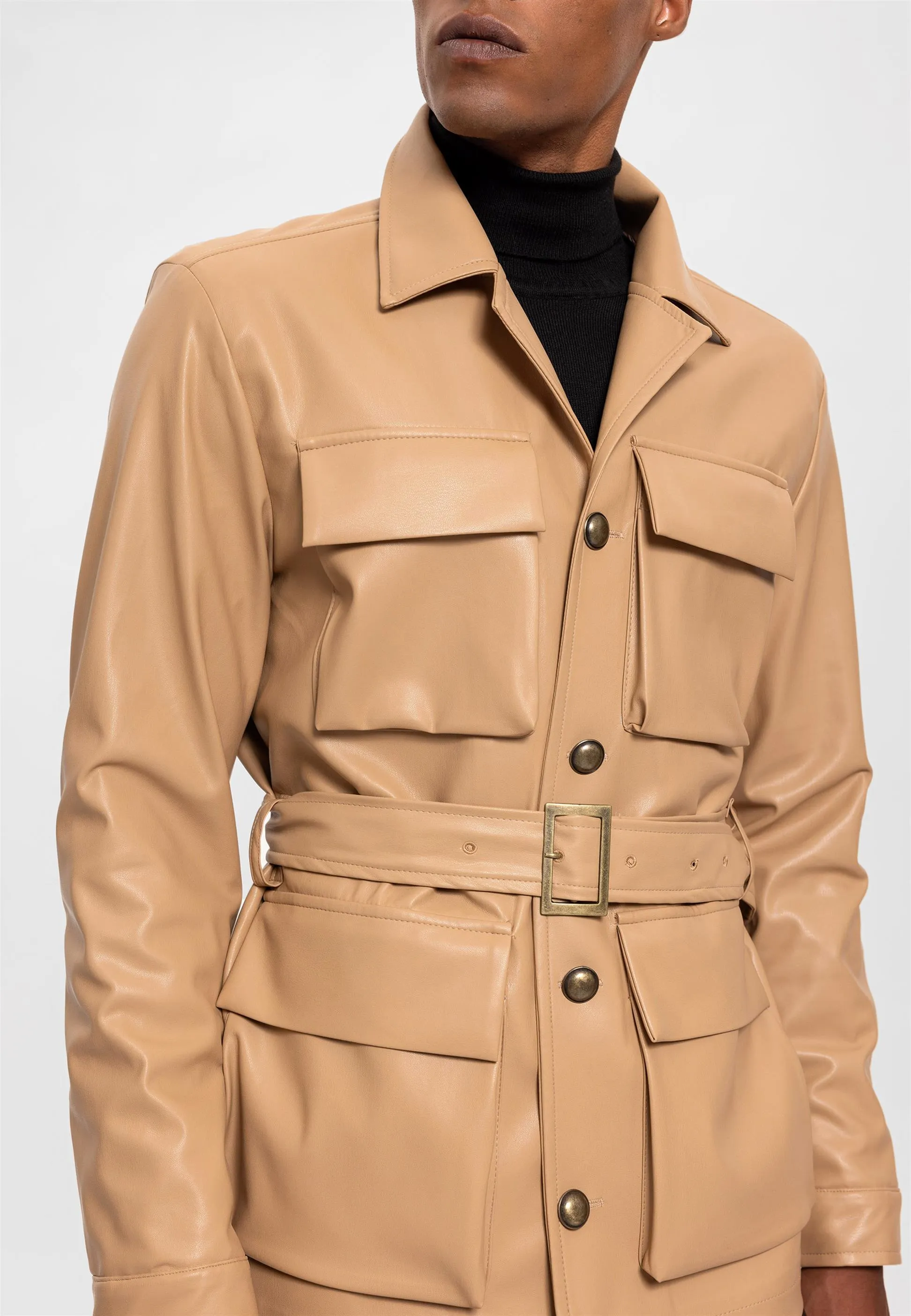 Men's Beige Slim Fit Belted Faux Leather Coat - Wessi sold by Wessi product image thumbnail 5