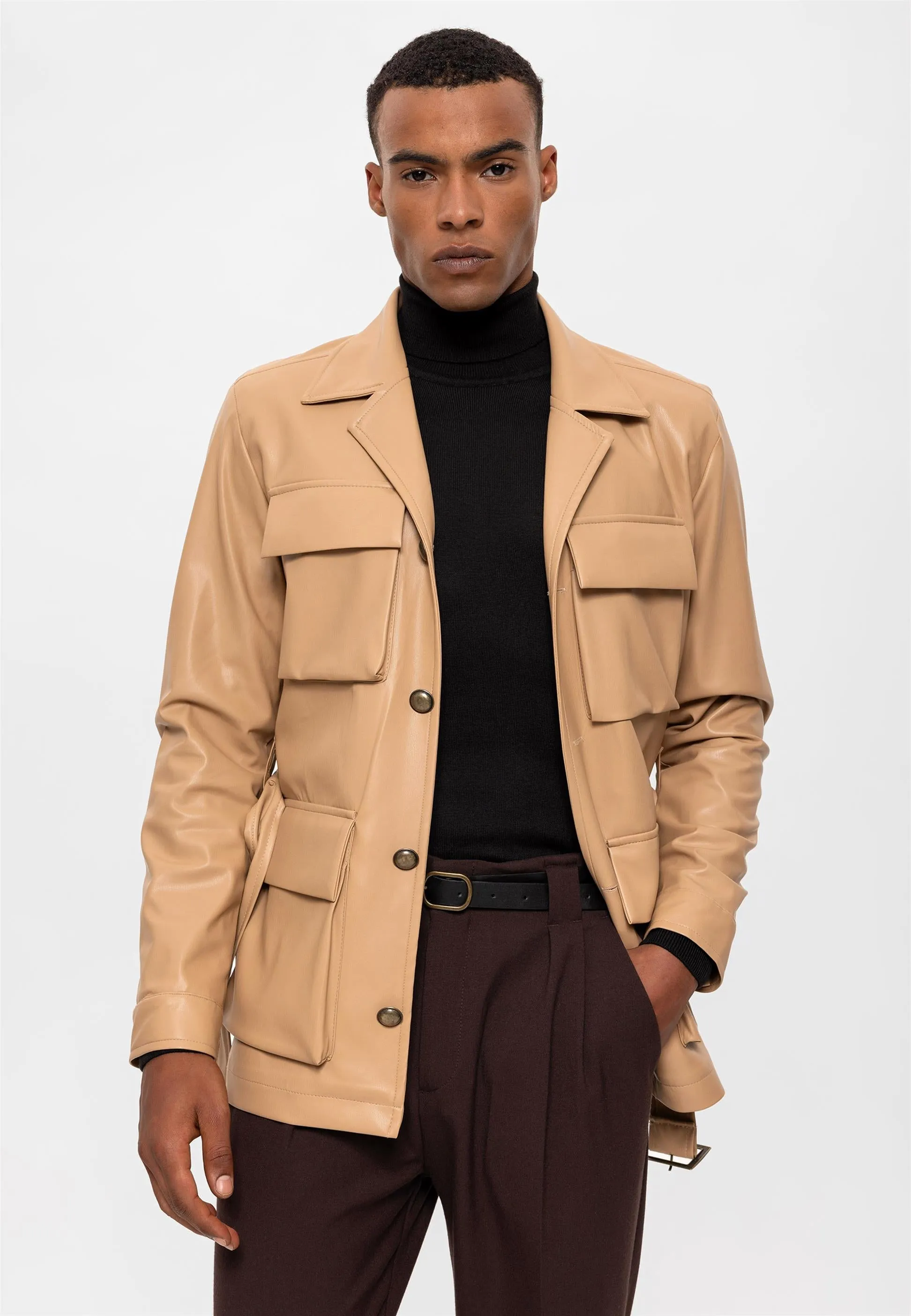 Men's Beige Slim Fit Belted Faux Leather Coat - Wessi sold by Wessi product image thumbnail 2