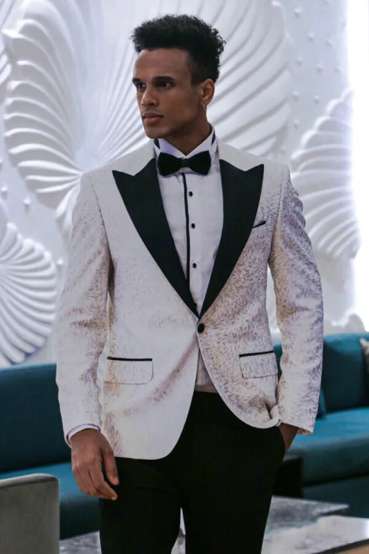 Feather Patterned Slim Fit White Men Tuxedo Blazer - Wessi sold by Wessi
