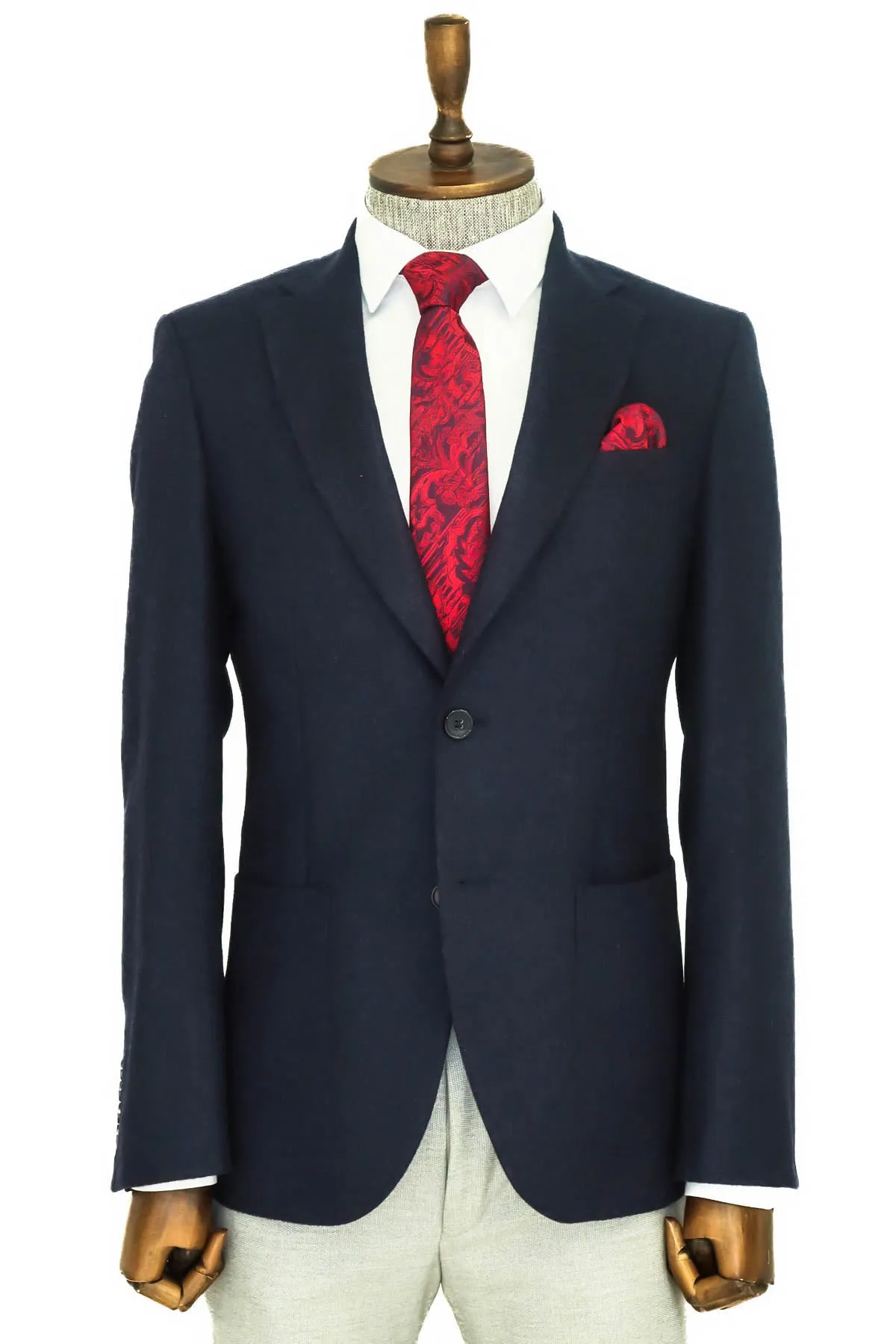Slim Fit Plain Wide Lapel Navy Blue Men Wool Blazer - Wessi sold by Wessi