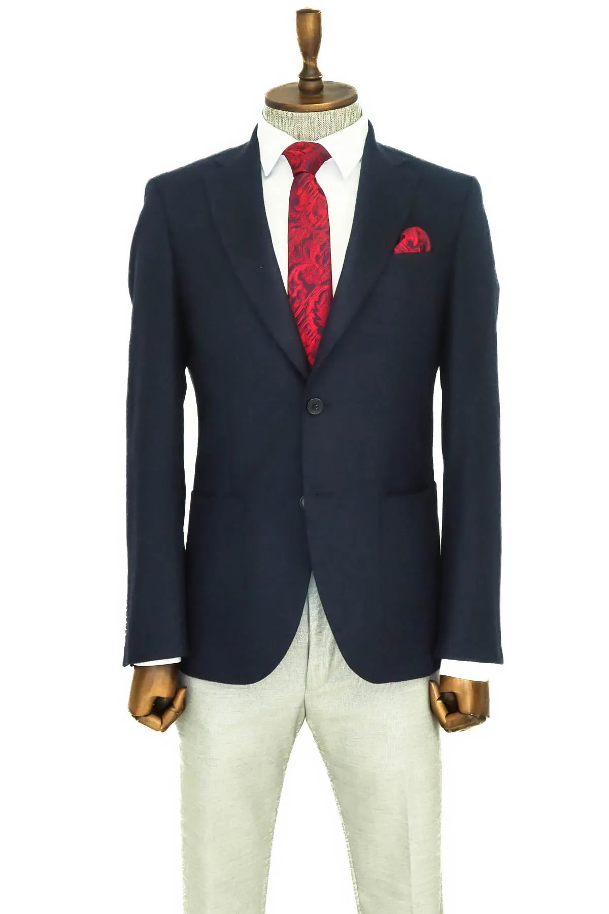 Slim Fit Plain Wide Lapel Navy Blue Men Wool Blazer - Wessi sold by Wessi product image thumbnail 3