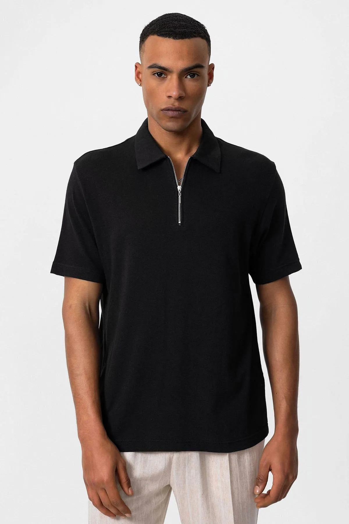 Men's Black Polo Collar Zippered T-Shirt - Wessi sold by Wessi