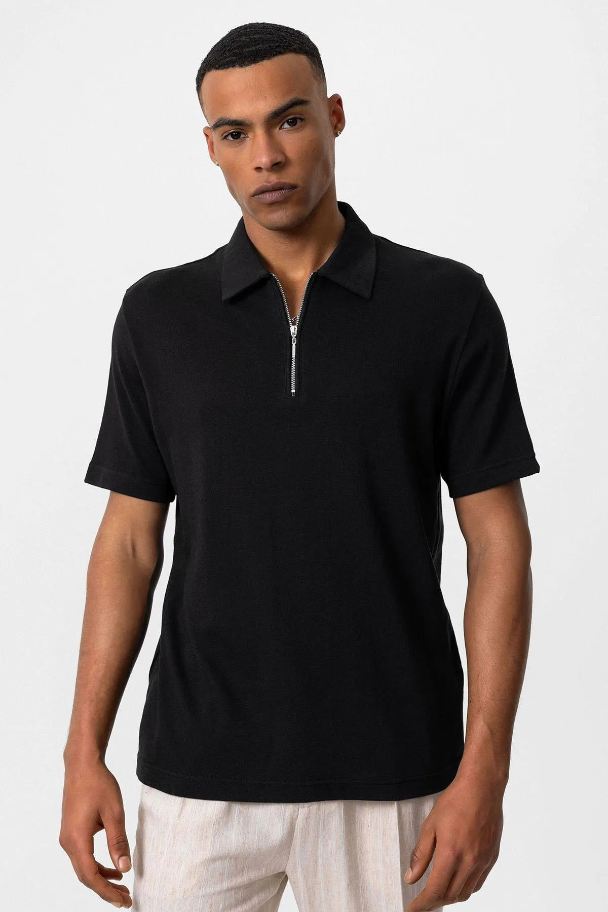 Men's Black Polo Collar Zippered T-Shirt - Wessi sold by Wessi product image thumbnail 5