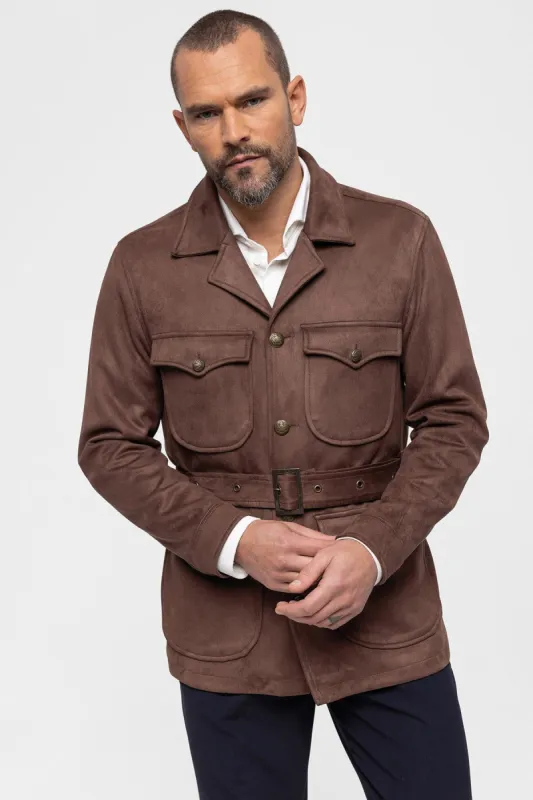 Men's Dark Brown Slim Fit Belted Suede Coat - Wessi sold by Wessi