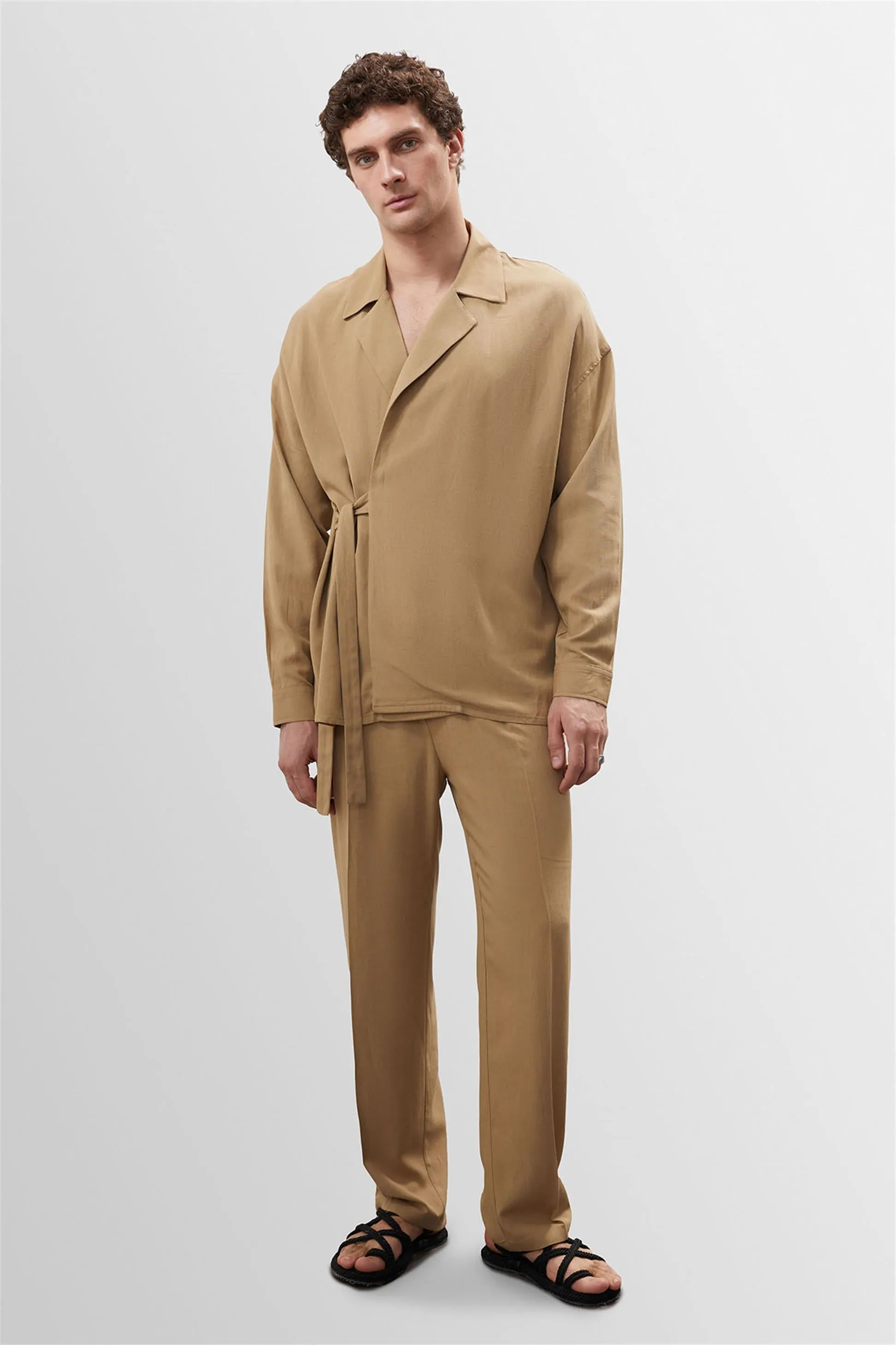 Men's Light Mink High Waist Pleated Linen Blend Trousers - Wessi sold by Wessi