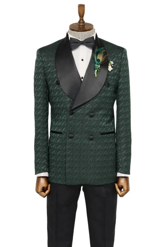 Satin Shawl Collar Patterned Double Breasted Dark Green Men Tuxedo Suit - Wessi sold by Wessi