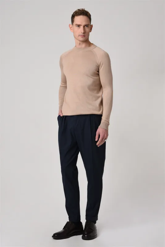 Beige Crew Neck Slim Fit Knitwear Sweater - Wessi sold by Wessi