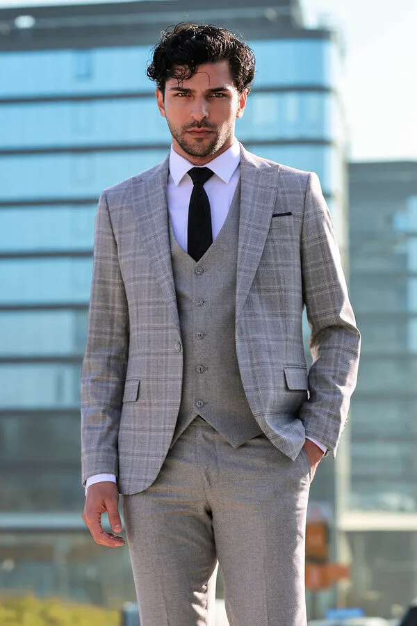 Checked Slim Fit Light Grey Men Suit - Wessi sold by Wessi product image thumbnail 3
