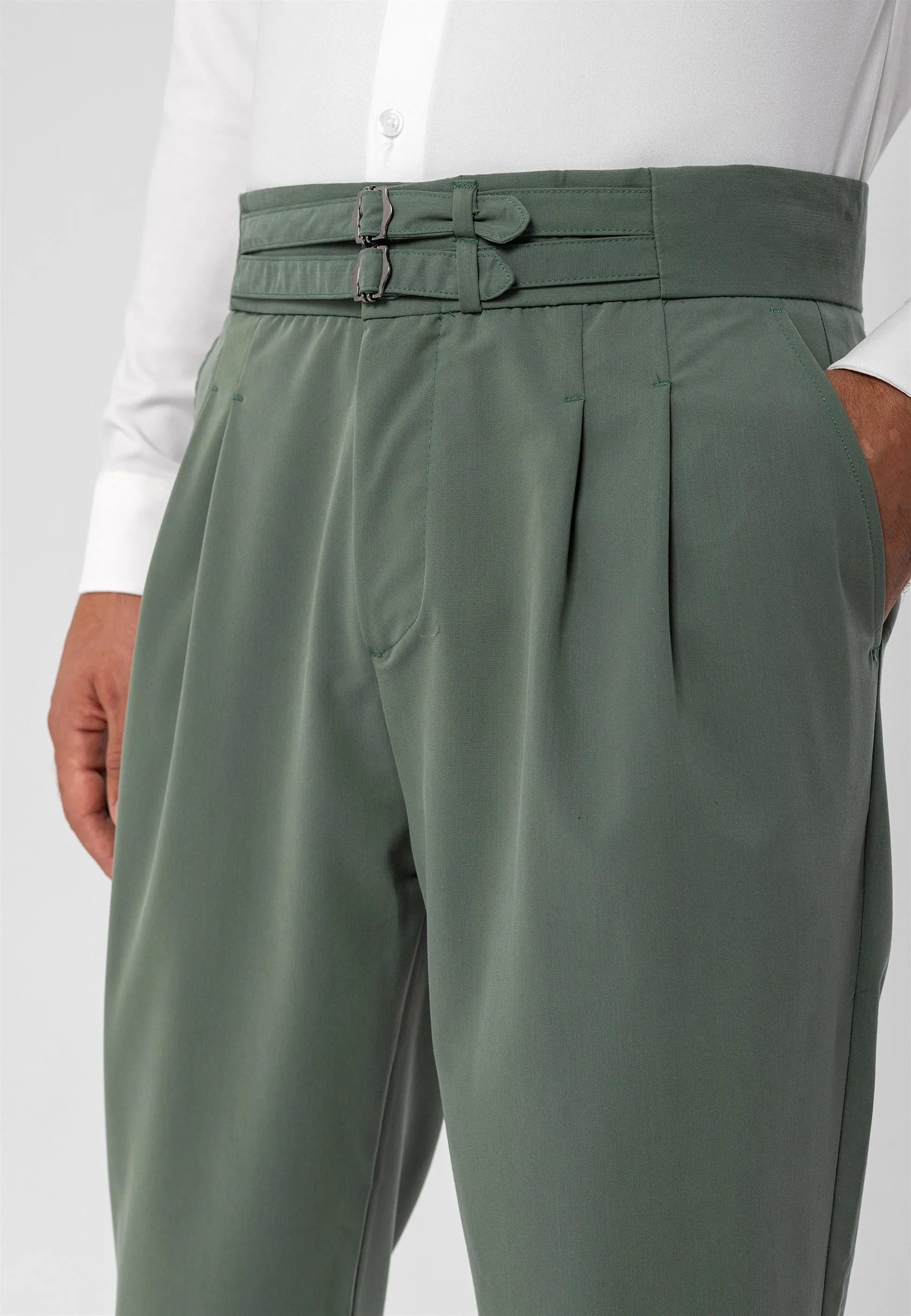 Men's Green High Waist Buckle Belt Pleated Fabric Trousers - Wessi sold by Wessi product image thumbnail 2