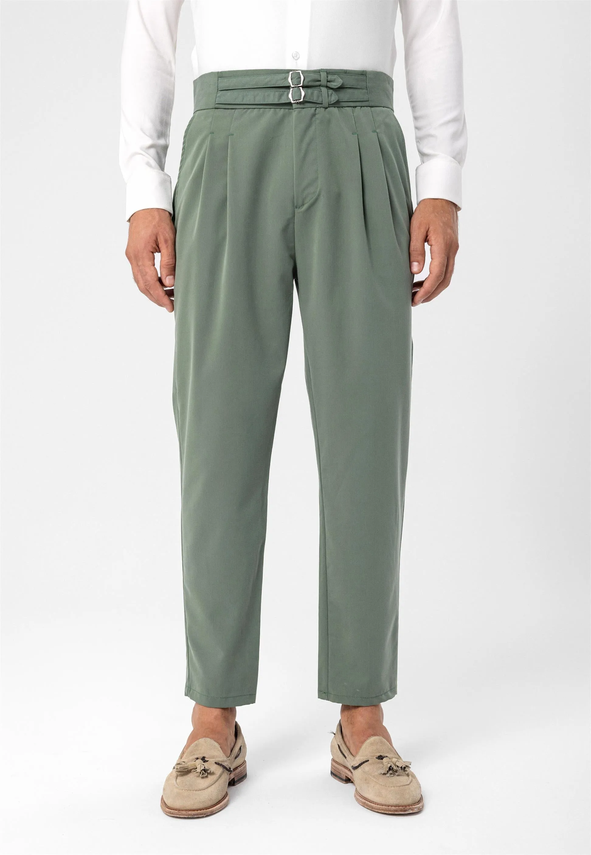 Men's Green High Waist Buckle Belt Pleated Fabric Trousers - Wessi sold by Wessi product image thumbnail 3