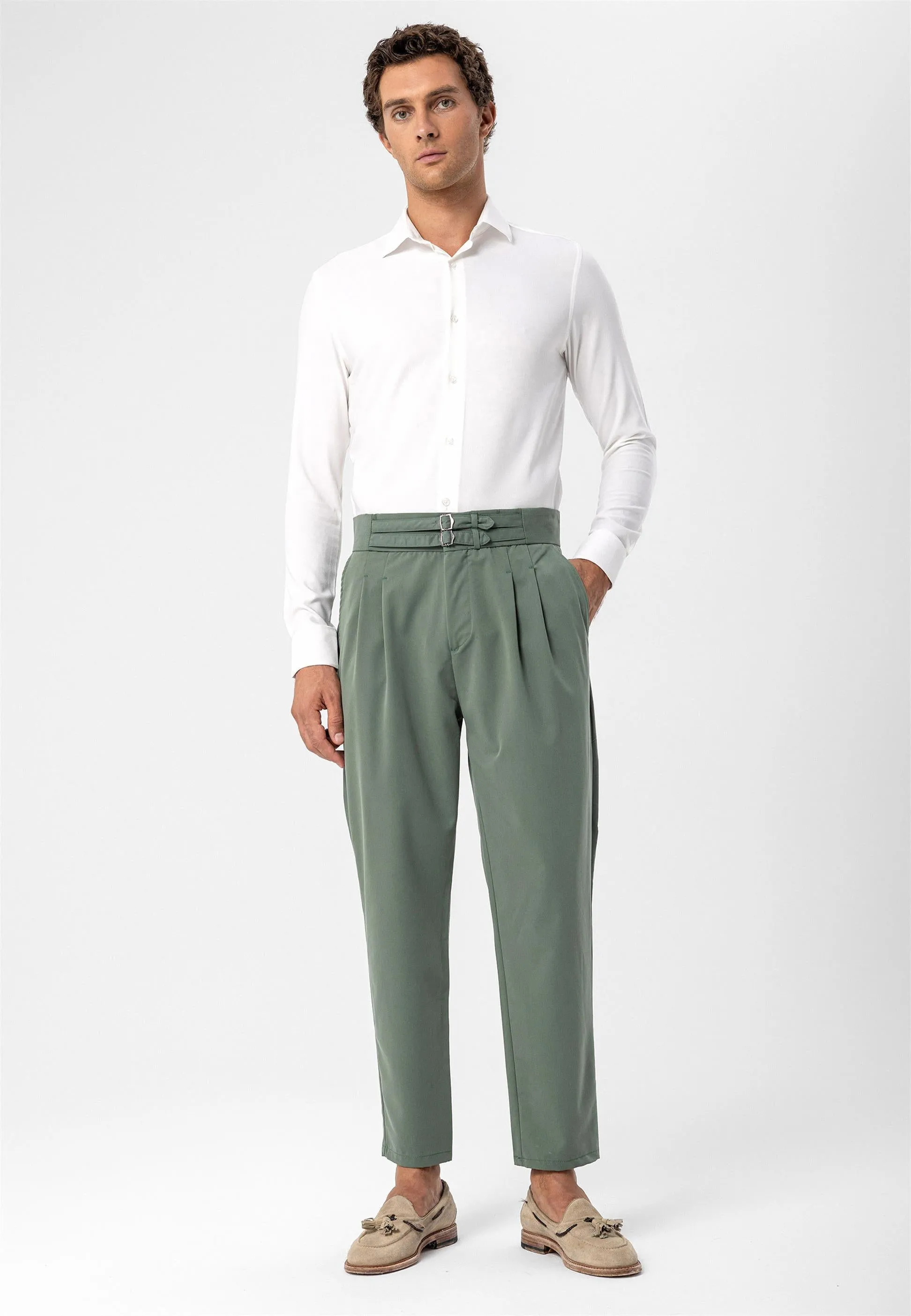Men's Green High Waist Buckle Belt Pleated Fabric Trousers - Wessi sold by Wessi