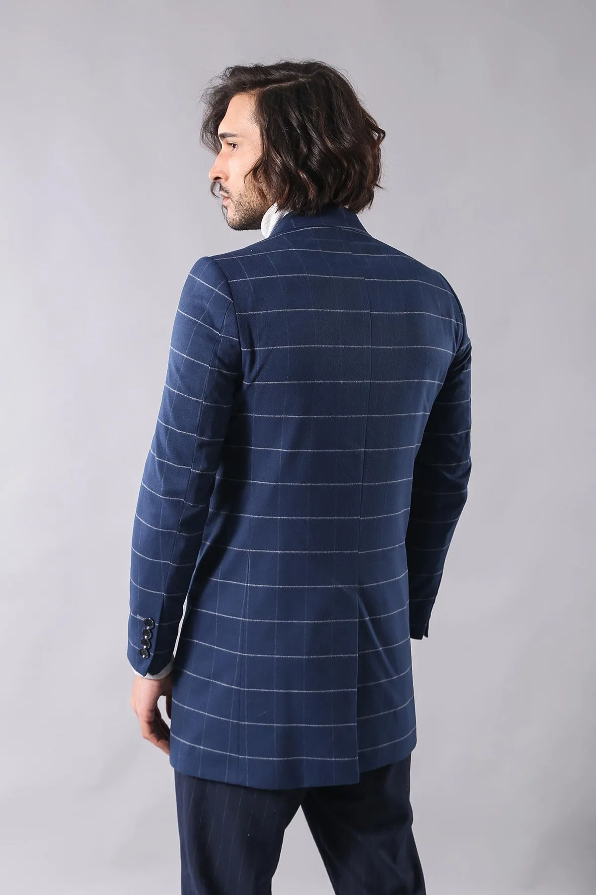 Wide Pointed Collar Indigo Men Coat - Wessi sold by Wessi product image thumbnail 3