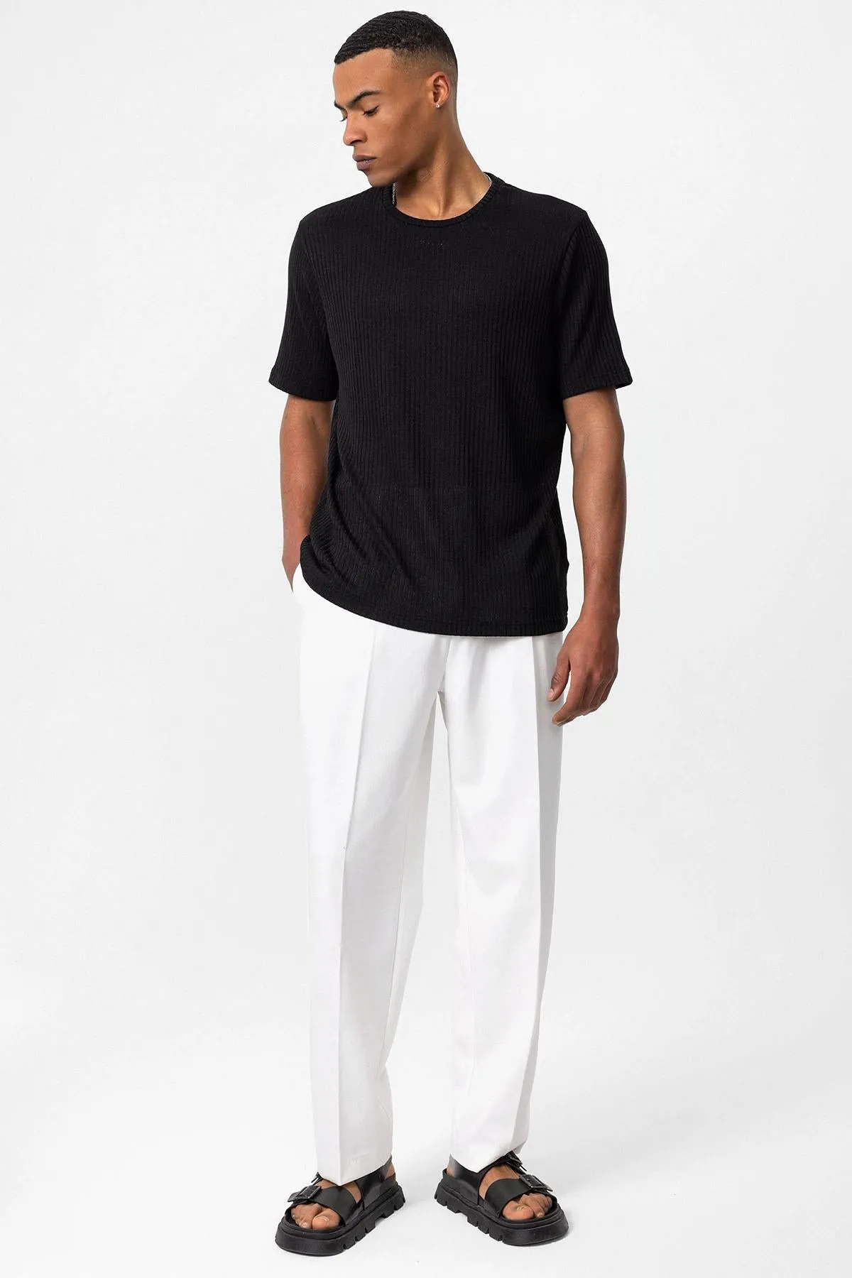 Men's Black Crew Neck Ribbed T-Shirt - Wessi sold by Wessi product image thumbnail 3