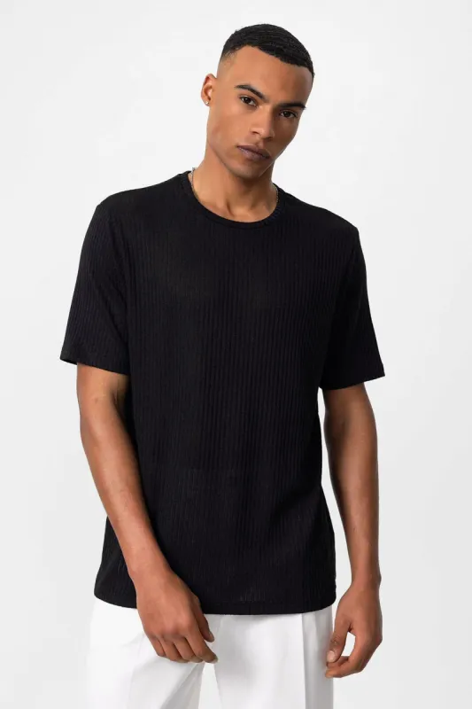 Men's Black Crew Neck Ribbed T-Shirt - Wessi sold by Wessi