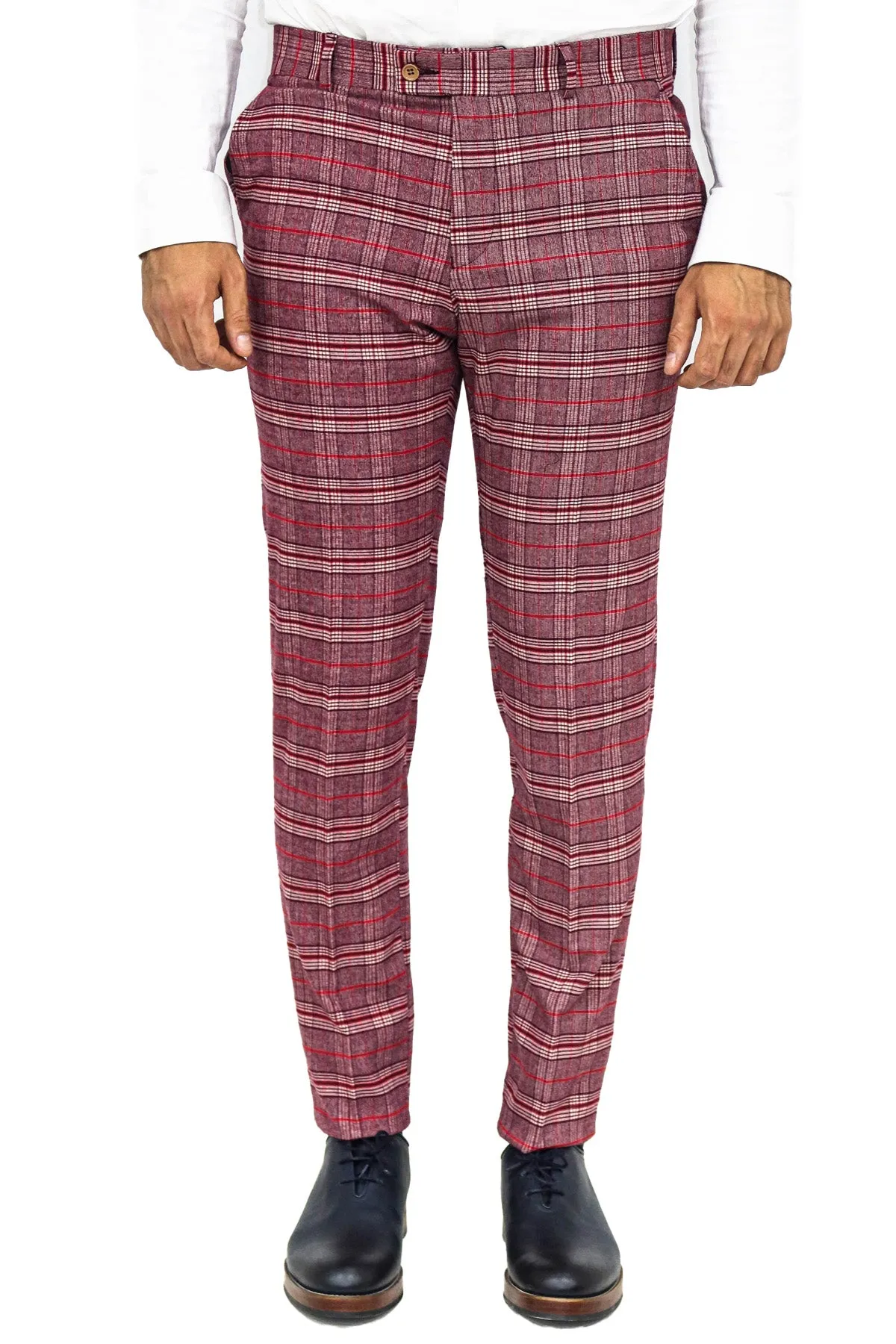 Plaid Slim Fit Burgundy Men Pants - Wessi sold by Wessi