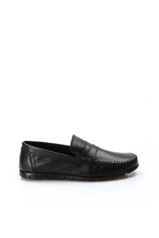 Men's Black Leather Perforated Loafers with Moc Toe - Wessi sold by Wessi