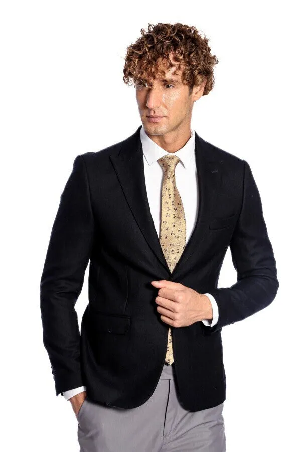Peak Lapel Single Button Plain Navy Blue Men Blazer - Wessi sold by Wessi product image thumbnail 5
